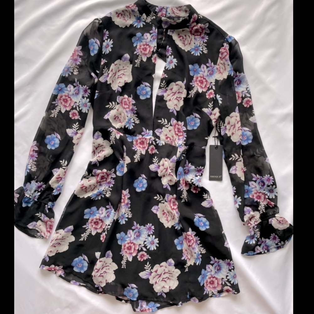 Forever21 Floral Long Sleeve Open Front&Back Button Up Mini Dress